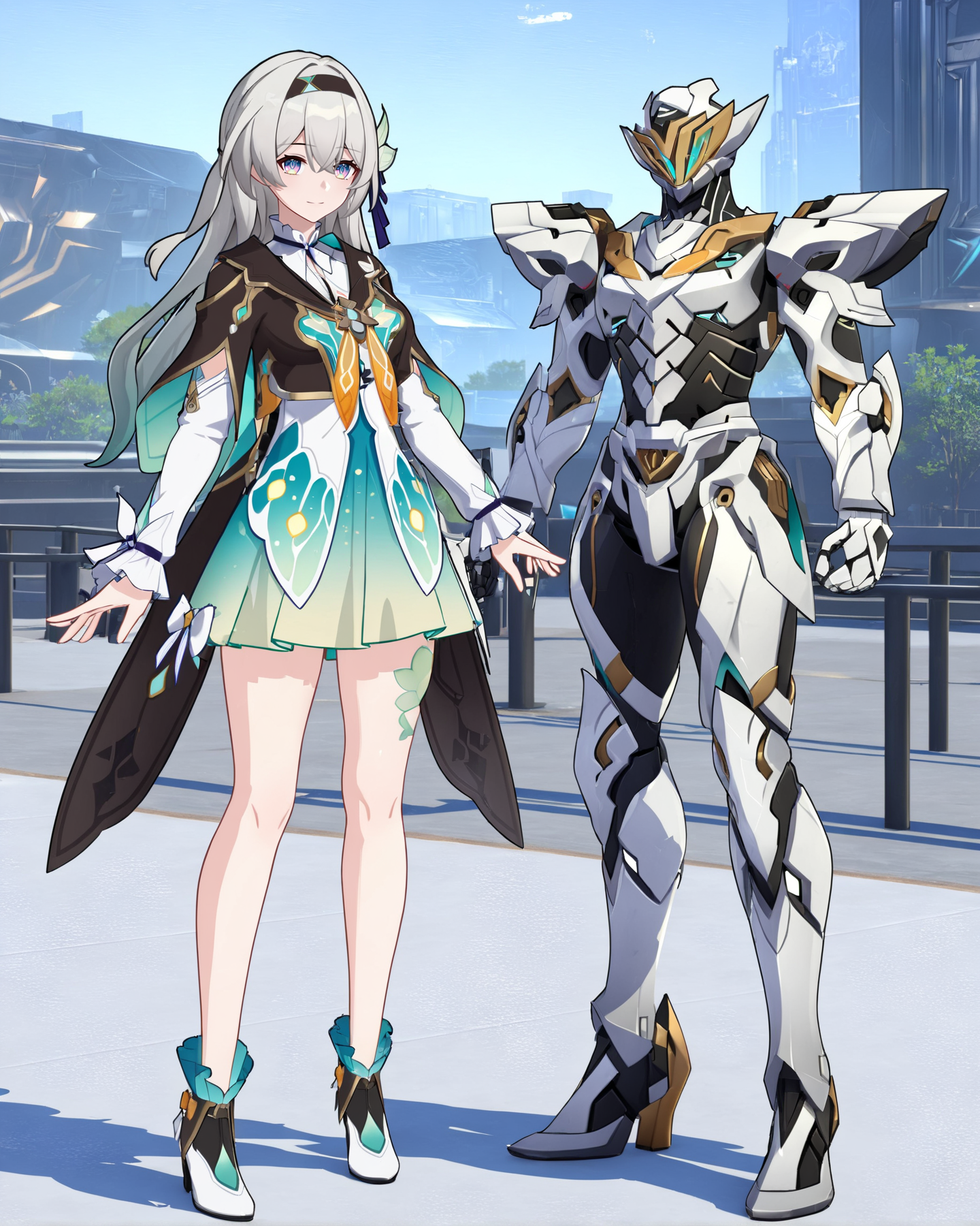 (8k:0.9), best quality, masterpiece, (ultra-detailed:1.2), (high detailed skin), full body, 
<lora:LKtrainre-A3-Tanger-000010:0.7>, Firefly /(honkai: star rail/), Firefly's def clothes, Sam /(honkai: star rail/), 1girl, robot,  two anime characters standing next to each other,