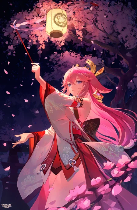 yae_miko, 1girl, solo, long_hair, breasts, looking_at_viewer, long_sleeves, holding, animal_ears, hair_between_eyes, jewelry, bare_shoulders, purple_eyes, pink_hair, earrings, detached_sleeves, japanese_clothes, wide_sleeves, tree, fox_ears, sleeveless_shirt, petals, sideboob, floral_print, cherry_blossoms, nontraditional_miko, lantern, gohei