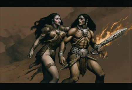 b3rs3rk macro lens d4concept pov, 3D01S, simple background d4artstyle atmospheric and powerful MikeFranchinastyle dark fantasy, natural organic and first person pov of a berserk style creature in the frazetta drawing style and Tsutomu Nihei style
Two fierce warriors stand side by side, embodying primal strength and raw beauty. The male warrior is a muscular barbarian, clad in animal skins and leather, his powerful build and chiseled features highlighted by the warm glow of torchlight. He grips a massive, intricately carved sword, with veins of silver running through the blade. Conans long, wild hair flows down to his shoulders, and a rugged necklace made of bones and teeth adorns his chest. The female warrior exudes a feral elegance, with dark flowing hair and piercing eyes. Belit wears minimal attire made from animal fur and leather, with a small animal skull as an adornment at her waist. Her confident stance and fierce expression indicate a warrior spirit. Background is minimal, with faint, swirling shadows suggesting a campfire or cave. Style: hyper-realistic, reminiscent of classic fantasy art, with a focus on anatomy and texture. Mood: intense and primal, evoking a sense of untamed wilderness.
Background solid color with a faded dimly lit, fog-covered darkness tone that emphasizes its silhouette.
UHD letterboxed game trailer frame chromatic aberration dark atmosphere sharp masterpiece with a focus on the character, elden ring, dark atmosphere