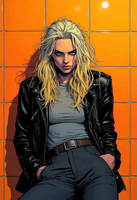 An urban Comic book illustration of a woman leaning nonchalantly against an orange tiled wall, the vibrant backdrop contrasting with her casual, edgy look. She has long, slightly tousled blonde hair that cascades over her shoulders in relaxed waves. Her expression is distinctively bored and uninterested, with an almost defiant tilt to her head and a subtle, raised eyebrow that adds a touch of attitude. She wears an oversized black leather jacket draped loosely over her frame, lending her an effortlessly cool, retro vibe. Beneath the jacket, a soft gray sweater peeks out, adding an element of contrast and comfort. She pairs this with tailored dark trousers, completing a look that balances between laid-back and sophisticated. The orange wall behind her, with its glossy, grid-like tiles, creates a dynamic and bold background that highlights the subject's detached expression. The lighting is soft, casting gentle shadows that accentuate the texture of her clothing and the subtle movement of her hair. The overall scene captures a moment that feels raw and authentic, showcasing her unbothered, unapologetic presence.