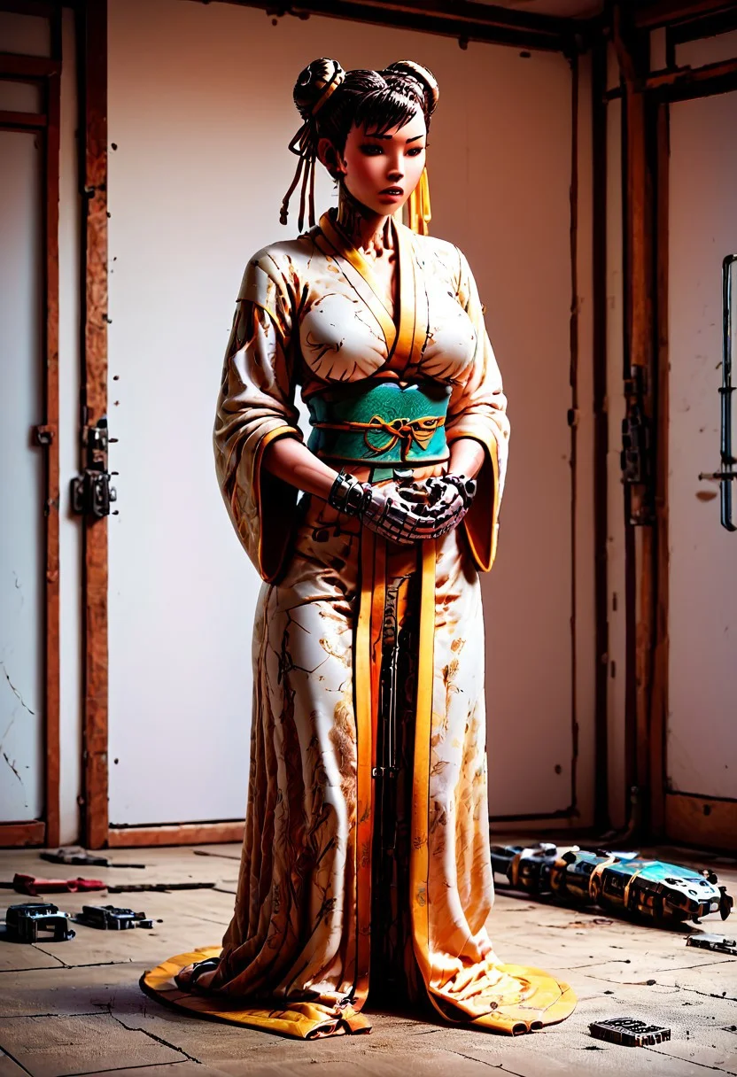 1 girl, detailed, 1girl, chun-li, kimono, covered, exploring, evi@decrepPunk, Hand, detailed, perfect, perfection, hands, 4ng3l face, robot, robotic girl,