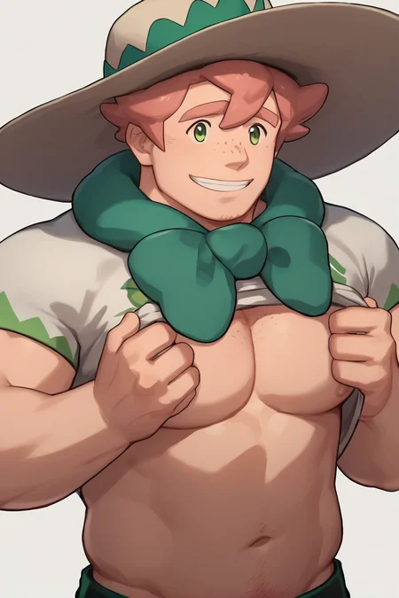 score_9, score_8_up, score_7_up, source_anime,
Milo, 1boy, solo, green eyes, pink hair, hat, freckles, male focus, bara, muscular, shirtless, no shirt, chubby, smile, lifting shirt,
<lora:detailed_notrigger:1><lora:Milo_-_Pokemon_Sword__Shield:1> <lora:Smoothanime:1>