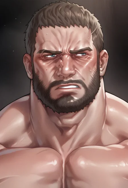 ng_deepnegative_v1_75t, easynegative, Chris, male focus, looking serious, desaturated blue eyes, facing sideways, bara