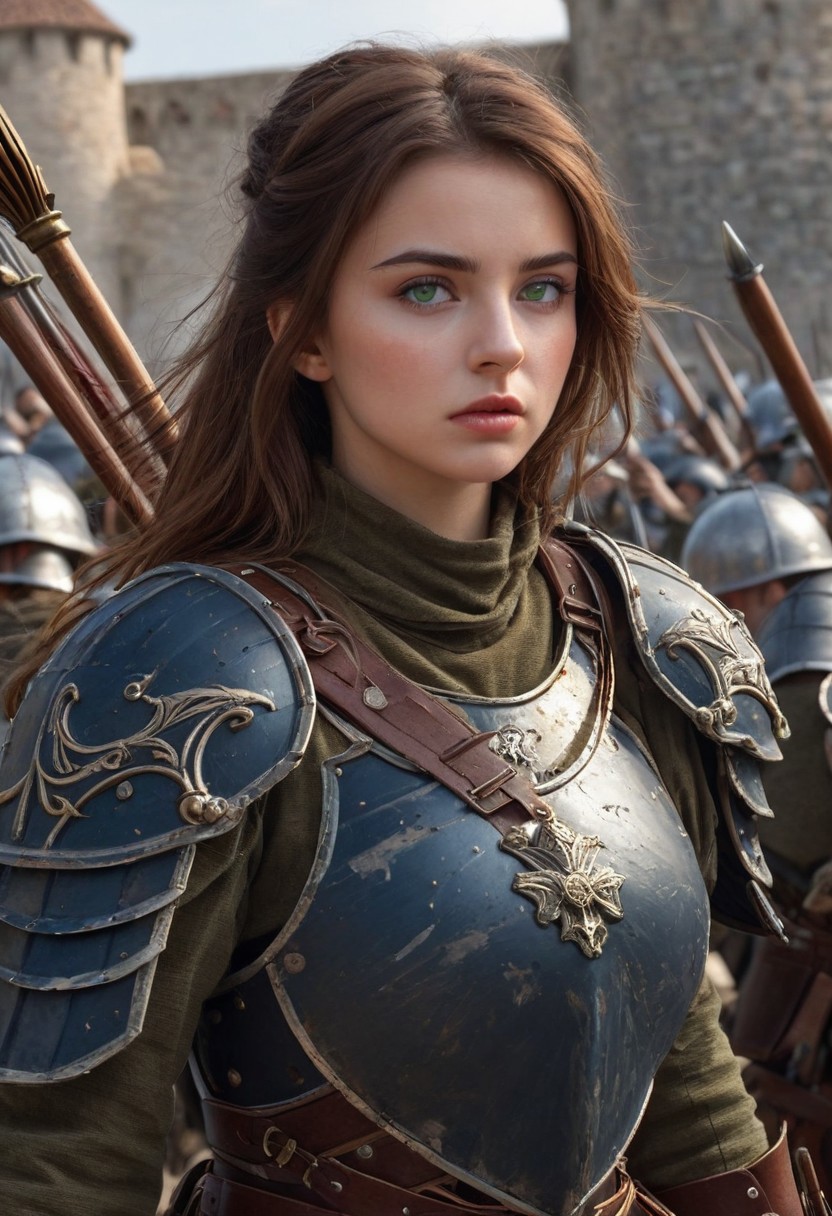 castle, score_9, score_8_up, score_7_up, score_6_up, score_5_up, extremely detailed, 1 woman, 25 years old, cute face, green eyes, small breasts, brown hair, shoulder length hair, wearing dark blue armor, holding a spear, in a battlefield in front of a castle, soldiers fighting behind her, she has blood on her shield and face, detailed, realistic