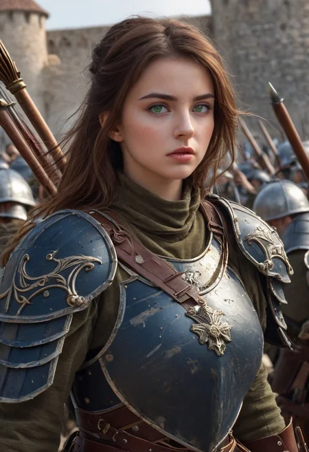 castle, score_9, score_8_up, score_7_up, score_6_up, score_5_up, extremely detailed, 1 woman, 25 years old, cute face, green eyes, small breasts, brown hair, shoulder length hair, wearing dark blue armor, holding a spear, in a battlefield in front of a castle, soldiers fighting behind her, she has blood on her shield and face, detailed, realistic