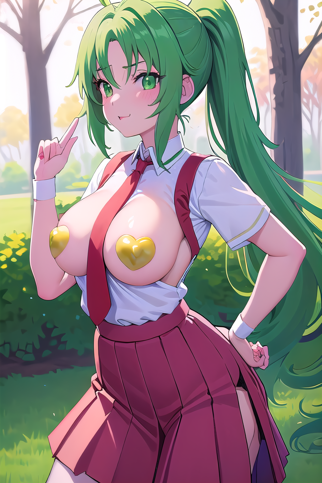 masterpiece, best quality, ultra-high-detailed, heart pasties, 1girl,  solo,  Mion Sonozaki, green hair, green eyes, ponytail, white shirt, red necktie, yellow vest, red skirt,
