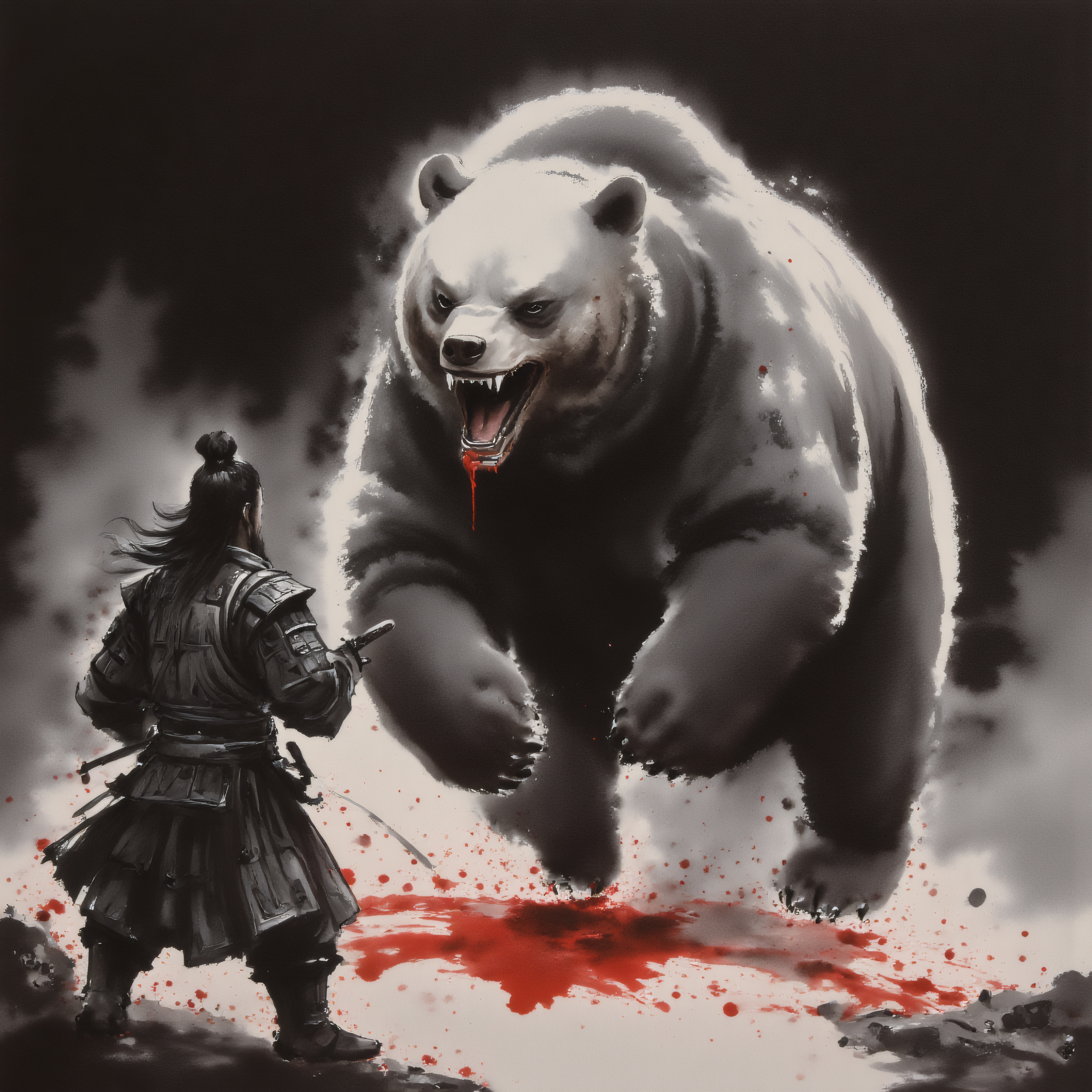 zydInk, The central figure is a colossal bear, looking down at a Chinese warrior. depicted with intense realism, standing on its hind legs and roaring ferociously. Its fur is rendered in shades of gray and black, giving it a menacing, almost supernatural appearance. The bear's mouth is open wide, revealing sharp teeth and a bloody tongue, with red splashes of blood dripping from its mouth and onto the ground.

In the foreground, from back, the Chinese warrior stands facing the bear. The warrior is clad in dark, Chinese armor. The figure holds a sword in one hand, ready to strike. The ground beneath the warrior is stained with blood, adding to the intense, violent atmosphere. The background is minimalistic, with a few abstract, splattered marks in red and black, enhancing the sense of chaos and danger.

(dark black background:1.5)