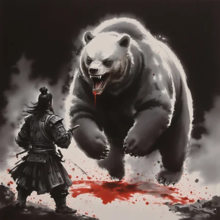 zydInk, The central figure is a colossal bear, looking down at a Chinese warrior. depicted with intense realism, standing on its hind legs and roaring ferociously. Its fur is rendered in shades of gray and black, giving it a menacing, almost supernatural appearance. The bear's mouth is open wide, revealing sharp teeth and a bloody tongue, with red splashes of blood dripping from its mouth and onto the ground.
In the foreground, from back, the Chinese warrior stands facing the bear. The warrior is clad in dark, Chinese armor. The figure holds a sword in one hand, ready to strike. The ground beneath the warrior is stained with blood, adding to the intense, violent atmosphere. The background is minimalistic, with a few abstract, splattered marks in red and black, enhancing the sense of chaos and danger.
(dark black background:1.5)