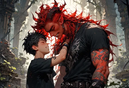 score_9, score_8_up, score_7_up, masterpiece, best quality, lots of details, ((1boy)), (1 male demon), (from side:0.6), masculine, medium muscule, middlehair, red hair, black hair, homoerotic, sleeveless t-shirt, shirt, pants, wristwatch, silver necklace, earring, ring, stands, clutches a medallion in his fist, raised up, eyes closed, clenched teeth, in the middle of ruins, vines, the demon behind, (completely tattoo:1.8), highres textures, Expressiveh, low light, sun rays, dark theme