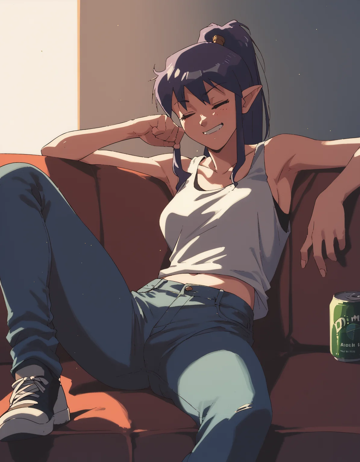 score_9, score_8_up, score_7_up, source_anime <lora:pierce-ponyxl-000048:1> pircdrg, tank top, jeans,
1girl, solo, beer can, drunk, couch, dim lighting