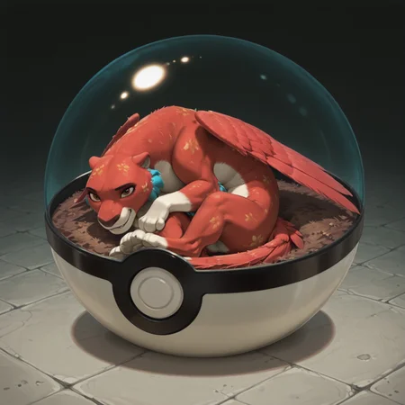 score_9, score_8_up, score_7_up, very aesthetic, by reallynxgirl, Expressiveh, absurdres, suggestive, best quality, solo, feral, Jaquin Elena, lies curled up in a ball, folded wings, wings pressed, 1ns1d3pok3ballv2, inside pokeball, no humans