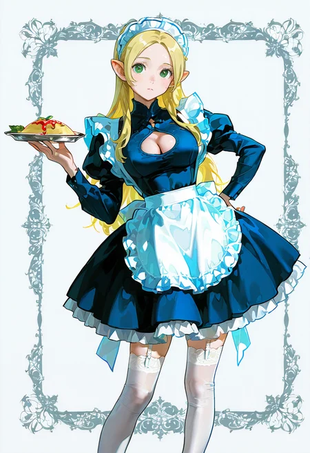 1girl,solo,looking at viewer,ikeda ruriko,maid, thighhighs, apron, dress, cleavage cutout, frills, marcille_donato