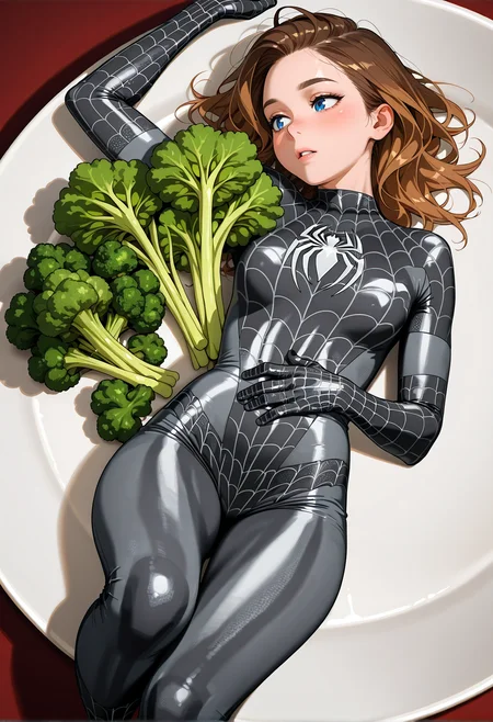 on back, 1girl, solo, grey spider-man bodysuit, on [bed, green stuffed toy:giant white plate, broccoli, dinner:5]
<lora:spiderman2-10:1>