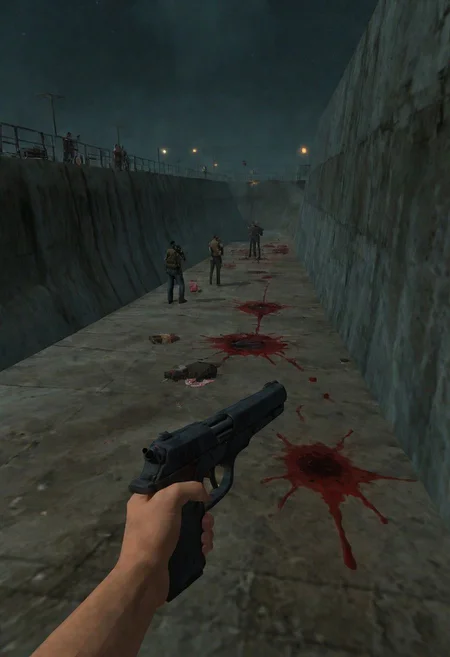fpv, First Person view, Holding black gun, N64 Game Style, By Night at Huge dam, outside, men Standing in a row, Blood splatter,