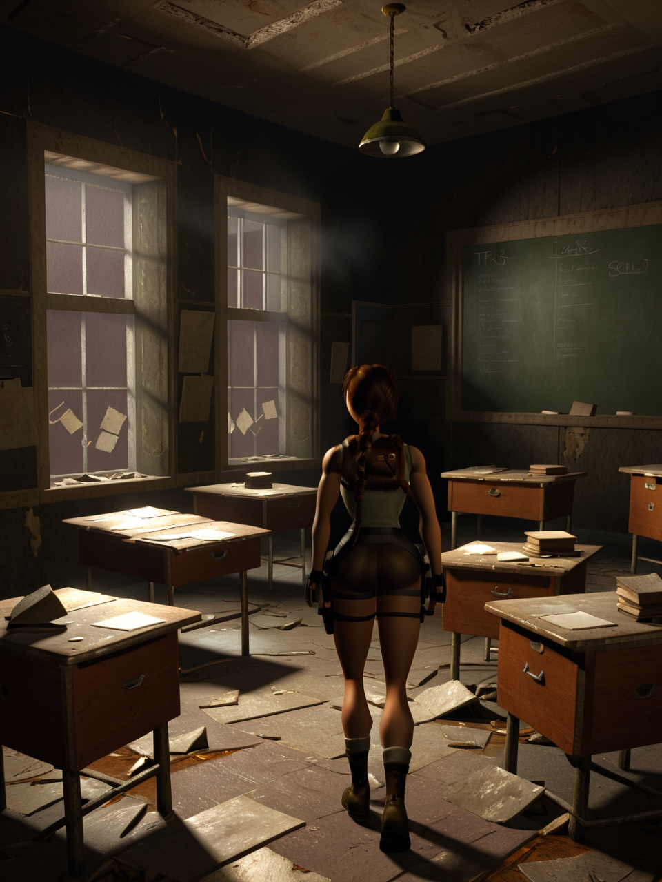 <lora:TR3D:1>, TR3D, 3D render of (Lara Croft:1.1) exploring inside a creepy abandoned school classroom at night, darkness, horror, liminal space, desks, chalkboard, rubble, debris, high resolution, muted colors, highly detailed, raytracing