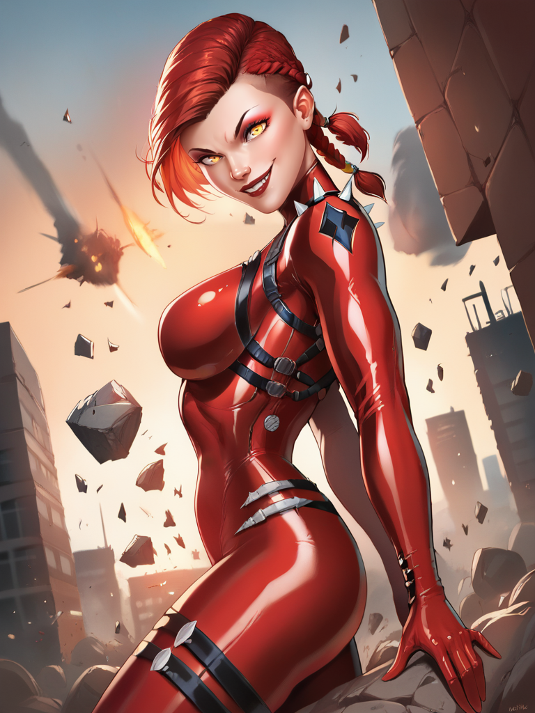 score_9, score_8_up, score_7_up, nervous smile, looking at viewer, smile, cowboy shot, (dynamic pose:1.1), dynamic angle, from side, destruction, buildings, rocks, very short hair, mullet cut, single braid, single bang, yellow eyes, red hair, latex bodysuit, spikes, long sleeves, makeup, evil smile, curvy, narrow waist, 
 <lora:JamieTyndall_Style:1>TyndallXLP