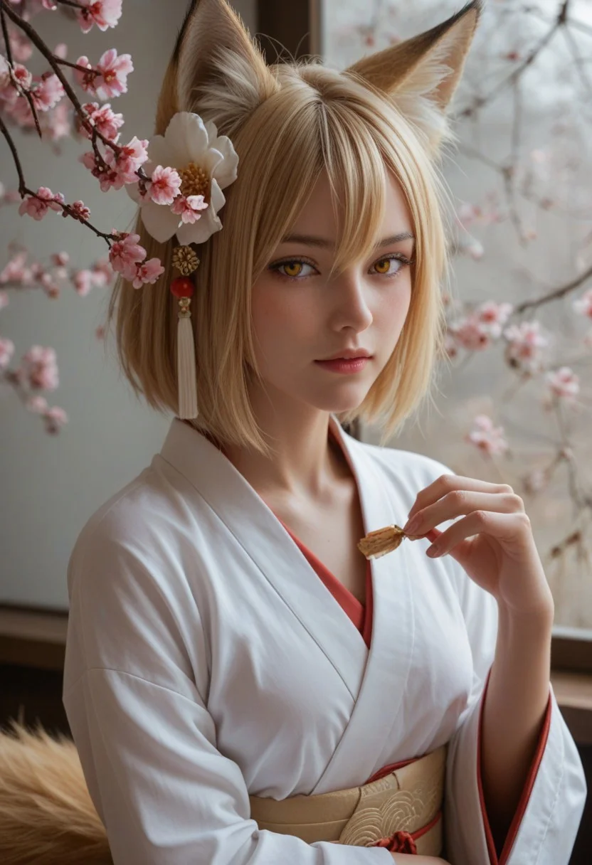 score_9_up, score_8_up, score_7_up, score_6_up, 1girl, 25 years old, perfect face, (adult), sexy,
yellow eyes, fox girl,
blonde hair, animal ears, fox ears, animal ear fluff, hair ornament, hair flower, hair between eyes, short hair,
miko, japanese clothes, ribbon mesh sleeves,
blush, fox tail,