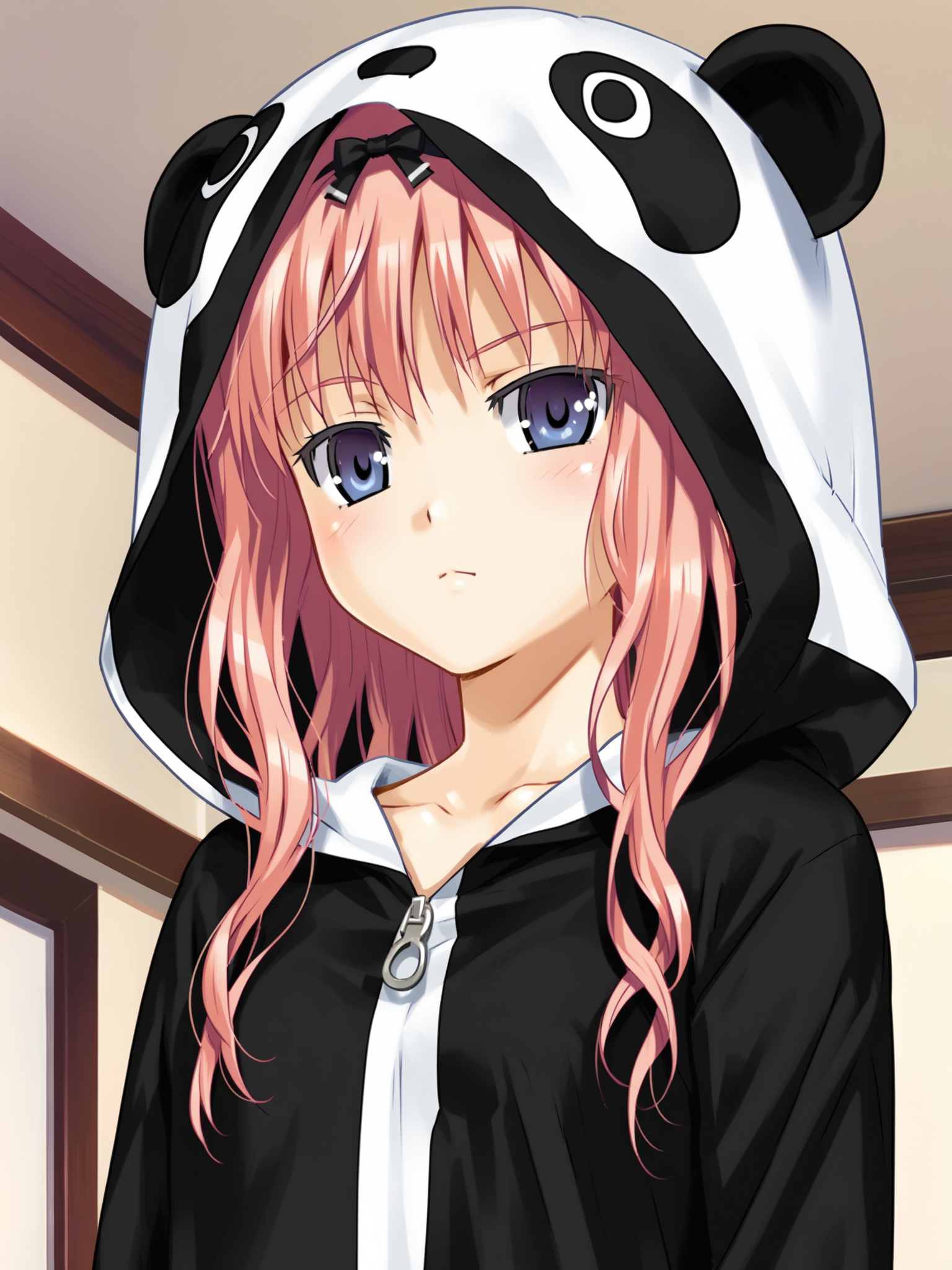 <lora:happy_tentacle-cecile-v0.1-000039:0.9>, ht_cecile, animal costume, animal hood, pajamas, panda hood, living room , 1girl, solo, upper body , , (doyagao :1.1), , looking at viewer , standing , facing viewer , score_9, score_8_up, score_7_up, score_6_up, score_5_up, score_4_up