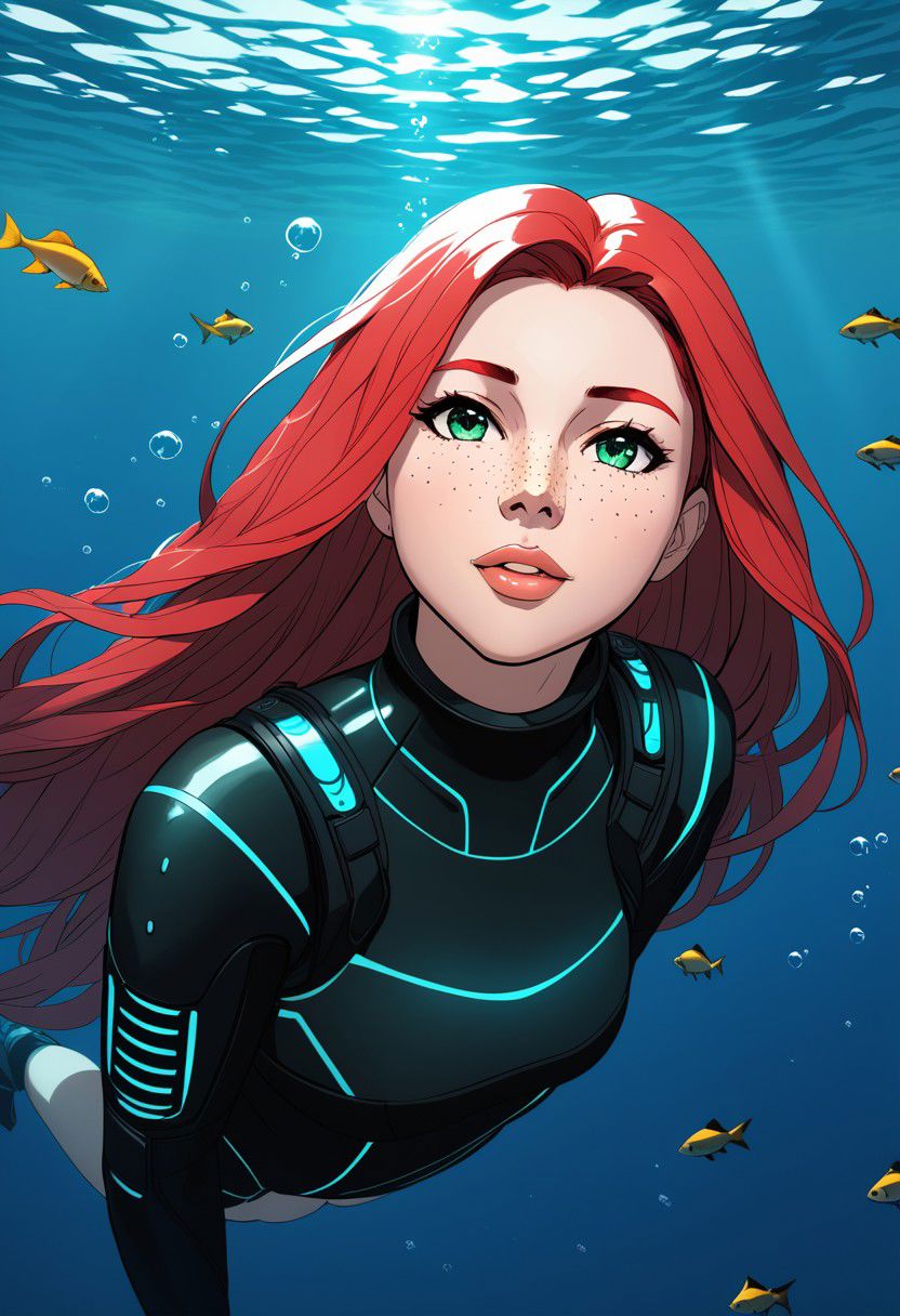 Duskfallcrew Art Style,  1girl,  solo,  long hair,  looking at viewer,  green eyes,  red hair,  parted lips,  water,  lips,  leaf,  looking up,  monster girl,  partially submerged,  freckles,  fish,  underwater,  air bubble, oceanscape, , cyberpunk, soft lighting,  best illustration,  cinematic angle, cinematic lighting, masterpiece,  official art,