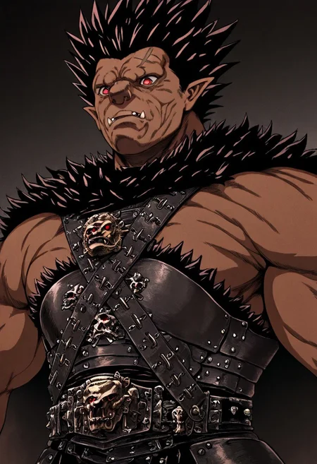 masterpiece, best quality, newest, absurdres, highres, vintage anime, 90s anime, Zodd-V1.0, muscular male, short hair, red eyes, dark skin, dark skinned male, scar, scar on face, fangs, pointy ears, muscular, spiked hair, black hair, armor,