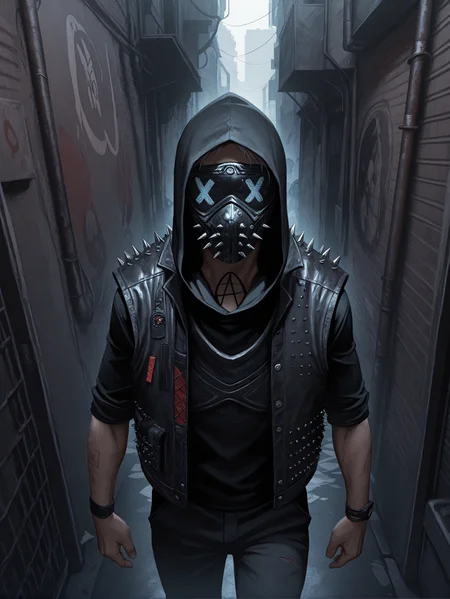 masterpiece, best quality, amazing quality, very aesthetic, absurdres, newest,
<lora:ILWDWren:1.0>
WDWren, solo, 1boy, faceless, mask, hood up, vest, looking at viewer, standing in a back alley, surrounded by urban decay