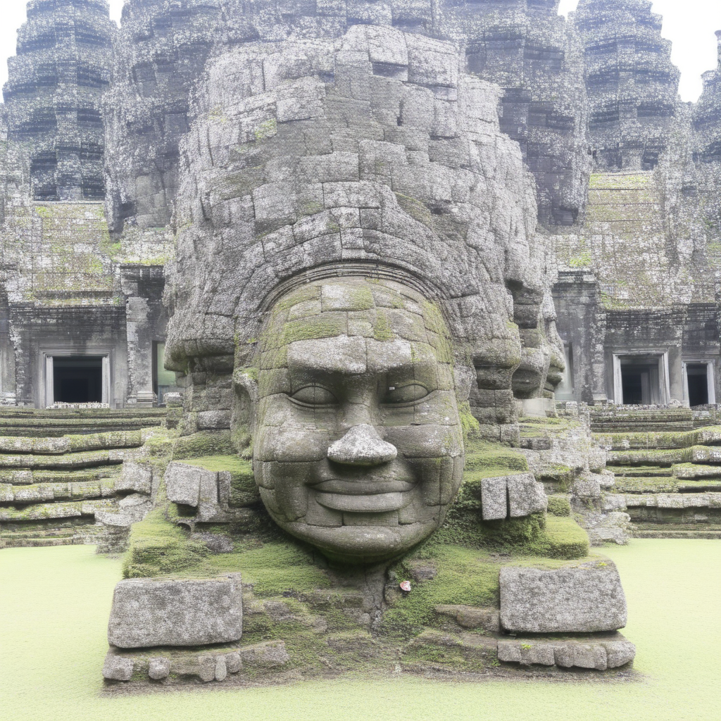 official art, masterpiece, best quality, absurdres, very aesthetic, Angkol, indoors, sand, stone head, statue, ruins, moss,