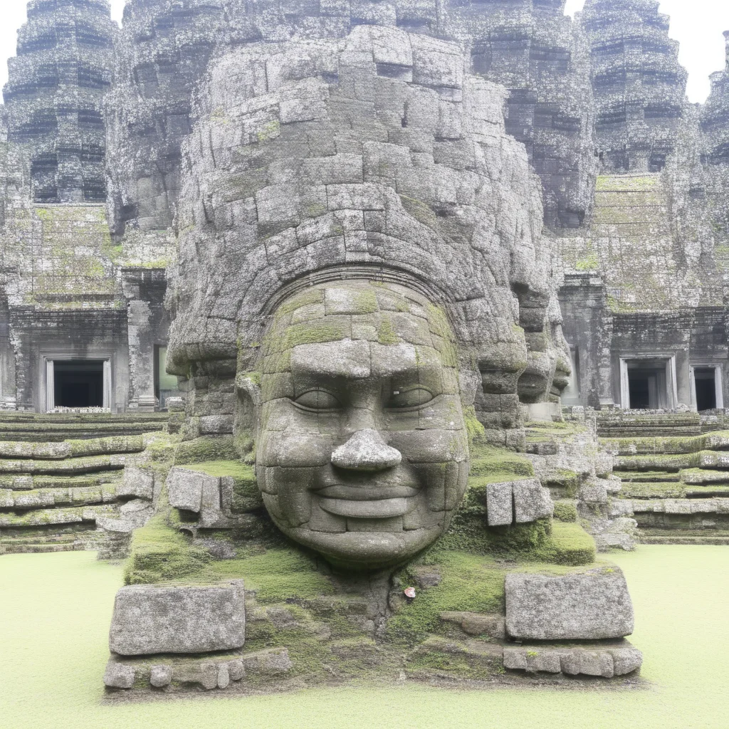 official art, masterpiece, best quality, absurdres, very aesthetic, Angkol, indoors, sand, stone head, statue, ruins, moss,