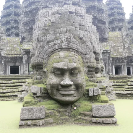 official art, masterpiece, best quality, absurdres, very aesthetic, Angkol, indoors, sand, stone head, statue, ruins, moss,