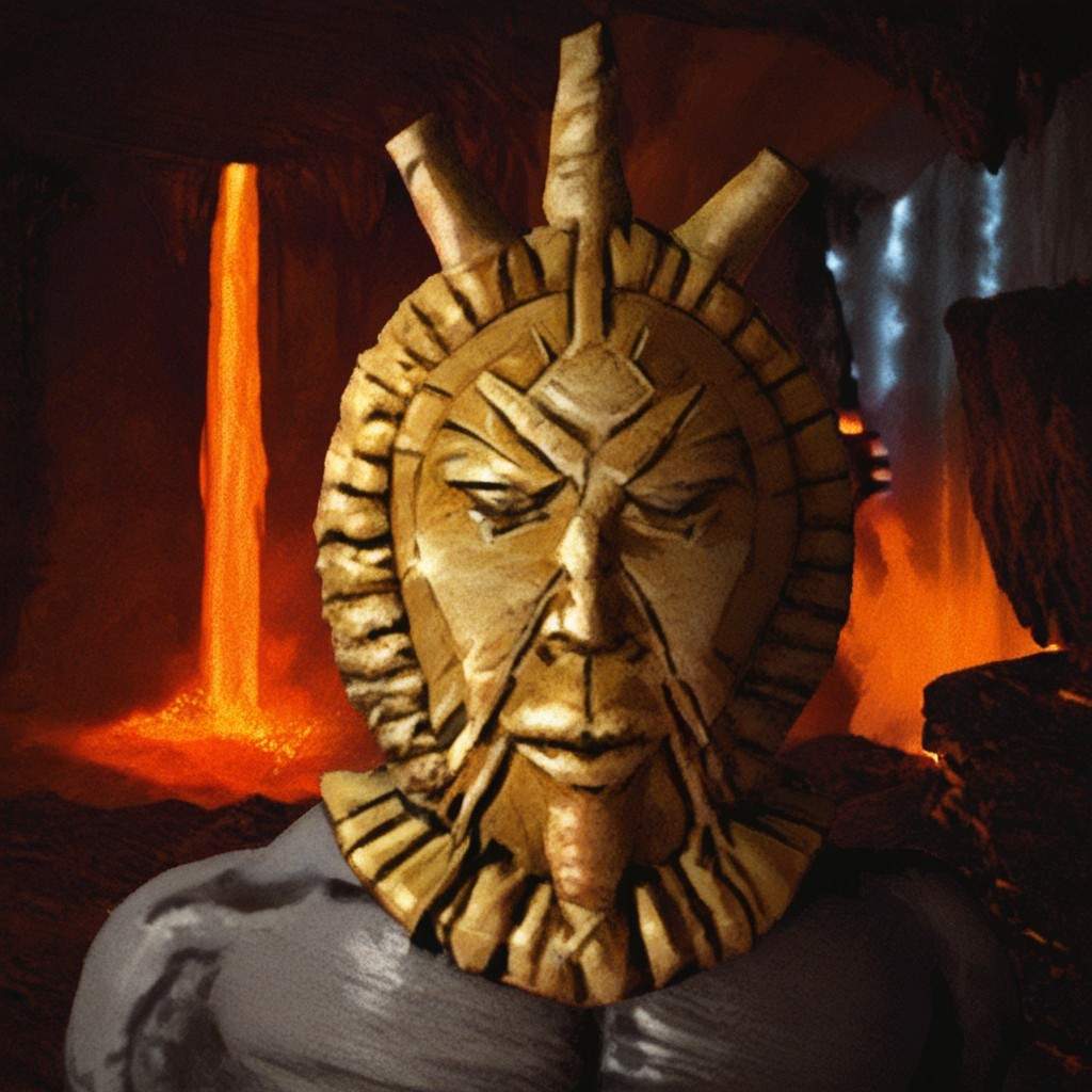 safe_pos, score_8, score_8_up, score_7_up, Fallout_Head, claymation, clay (medium), portrait, BREAK solo, 1boy, male focus, DagothUr_TES3, grey skin, colored skin, gold mask, mask, third eye, gorget, gold gorget, topless male, muscular, abs, indoors, lava, volcano, underground, cave,