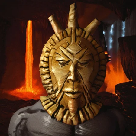 safe_pos, score_8, score_8_up, score_7_up, Fallout_Head, claymation, clay (medium), portrait, BREAK solo, 1boy, male focus, DagothUr_TES3, grey skin, colored skin, gold mask, mask, third eye, gorget, gold gorget, topless male, muscular, abs, indoors, lava, volcano, underground, cave,