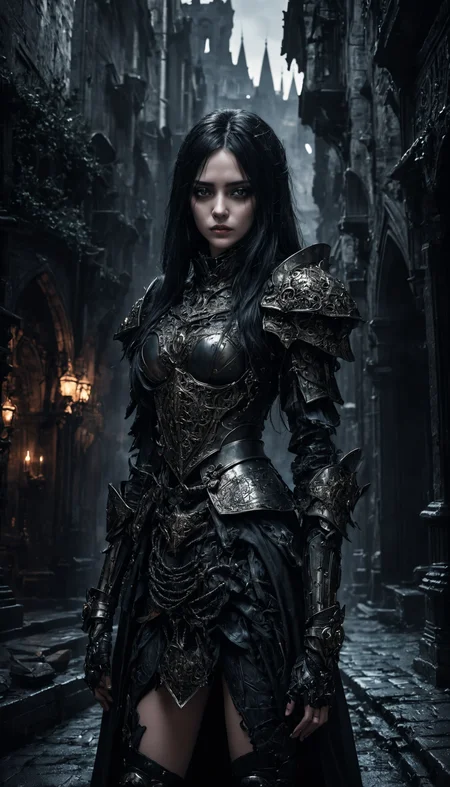Gothic art, dark tones, intricate details, dramatic lighting, high contrast, medieval influence, ornate, mysterious, detailed armor, cyberpunk elements, cityscape, atmospheric, moody, haunting beauty, sharp shadows, textured