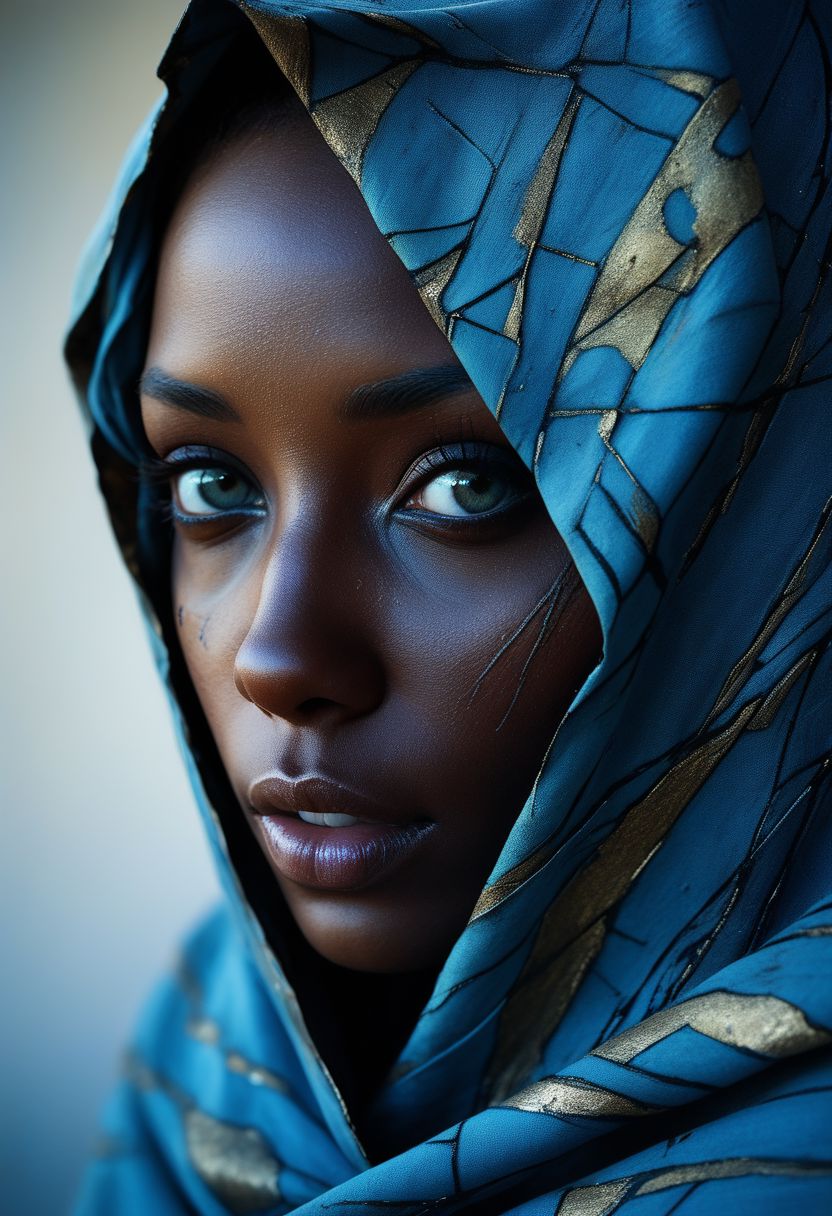 Close-up face, mysterious silhouette of an exotic coloured girl in worn down cape, light blue war-paint over eyes only, goddess, alluring, by Minjae Lee, Carne Griffiths, Emily Kell, Steve McCurry, Geoffroy Thoorens, Aaron Horkey, Jordan Grimmer, Greg Rutkowski, amazing depth, double exposure, surreal, geometric patterns, intricately detailed, bokeh,  perfect balanced, deep fine borders, artistic photorealism , smooth,  great masterwork by Suiras  <lora:add-detail-xl:2>  <lora:Double_Exposure:0.5>