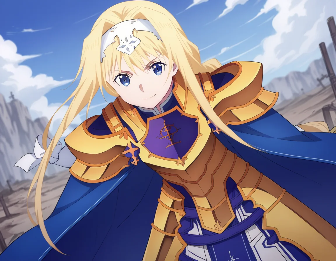 score_9, score_8_up, score_7_up, source_anime,
alicezuberg, <lora:alice-zuberg-s3-ponyxl-lora-nochekaiser:1>,
alice zuberg, bangs, blue eyes, blonde hair, hair between eyes, very long hair, braid, hairband, white hairband,
dress, cape, armor, blue dress, shoulder armor, gauntlets, pauldrons, breastplate, armored dress, faulds, blue cape, knight, gold armor, body armor,
outdoors, wasteland, bent over, smile,
solo, looking at viewer, cowboy shot, dutch angle,