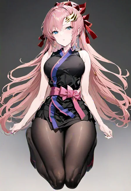 masterpiece, best quality, ultra-detailed, beautiful, nai3, 1girl, solo, full_body, tachi-e, 
lacus clyne, grey eyes, pink hair, long hair, bangs, hair ornament, japanese clothes, black sleeveless kimono, bare shoulders, red hair ribbon