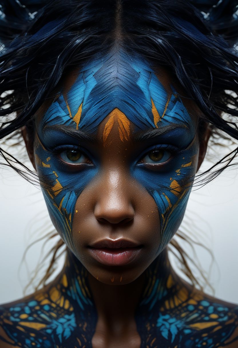 Close-up face, mysterious silhouette of an exotic coloured girl in worn down clothing, light war-paint over eyes only, goddess, alluring, by Minjae Lee, Carne Griffiths, Emily Kell, Steve McCurry, Geoffroy Thoorens, Aaron Horkey, Jordan Grimmer, Greg Rutkowski, amazing depth, double exposure, surreal, geometric patterns, intricately detailed, bokeh,  perfect balanced, deep fine borders, artistic photorealism , smooth,  great masterwork by Suiras  <lora:add-detail-xl:2>  <lora:Double_Exposure:0.5>