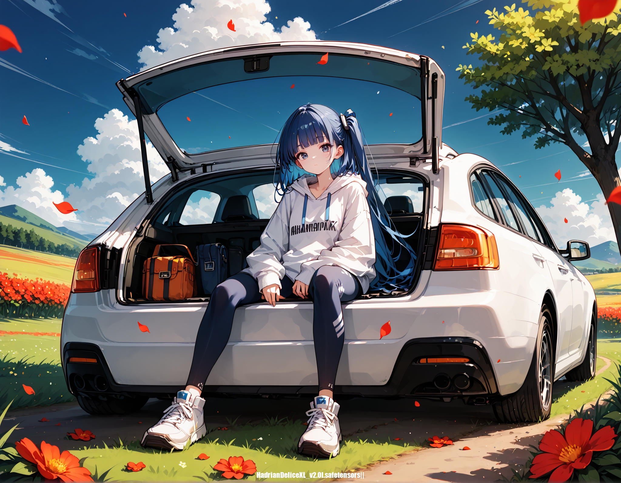 score_9,score_8_up,score_7_up,score_6, ,, realistic, hadrian,hd5,car_trunk,front view,straight-on,1girl,solo,sitting on car_trunk,slim,blunt bangs, field,cloud,blue hair,blue eyes,very long hair,one side up,oversized hoodie,arm support,elegance,full body,tree,flower,falling petals,  blue sky,short_leggings,