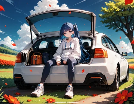 score_9,score_8_up,score_7_up,score_6, ,, realistic, hadrian,hd5,car_trunk,front view,straight-on,1girl,solo,sitting on car_trunk,slim,blunt bangs, field,cloud,blue hair,blue eyes,very long hair,one side up,oversized hoodie,arm support,elegance,full body,tree,flower,falling petals,  blue sky,short_leggings,