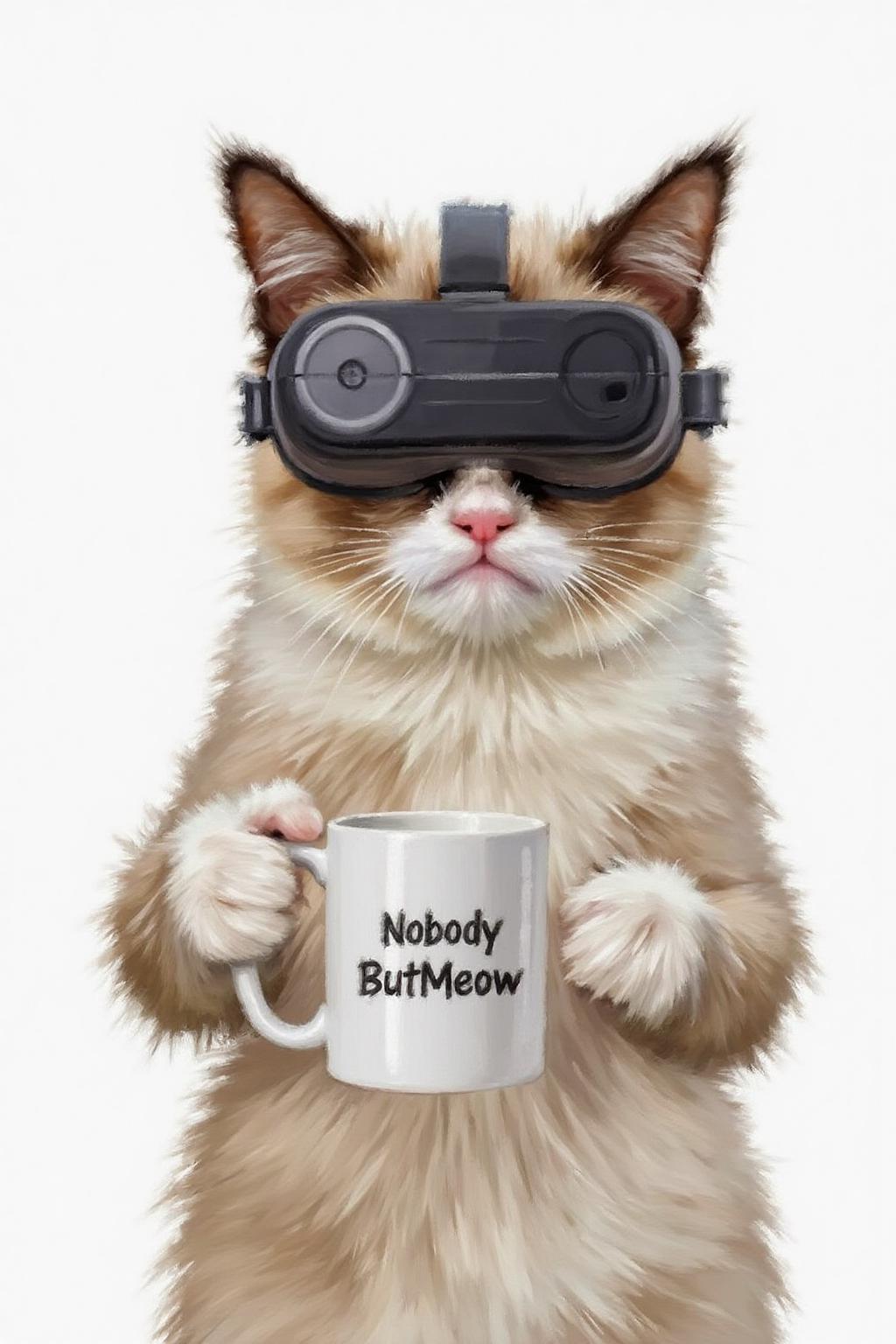 richardmacneil1 painting. 
Grumpy Cat holding a coffee mug, wearing a VR Headset. The mug has the phrase "NobodyButMeow" printed  <lora:richardmacneil1_cap_d8a4e11:1.0><lora:853259739331613608:0>