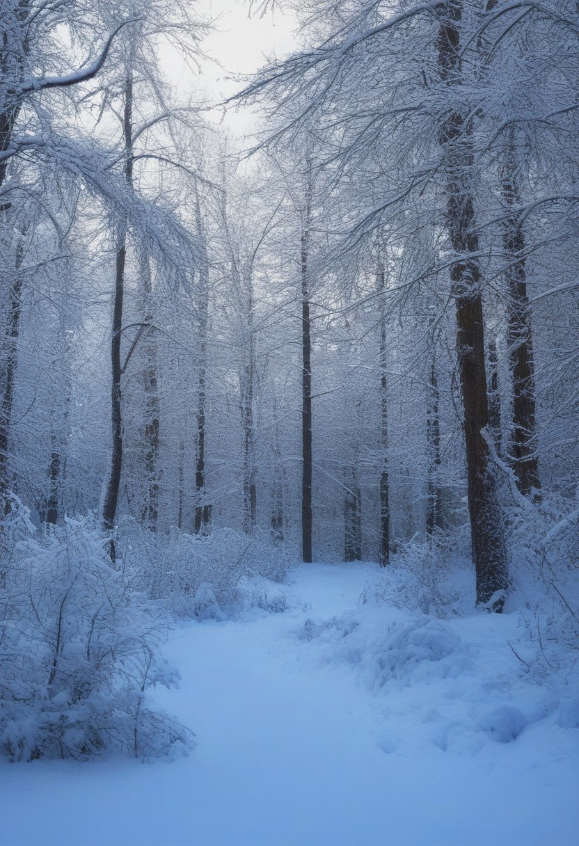 Landscape, very realistic photography, winter forest background with snow on the branches