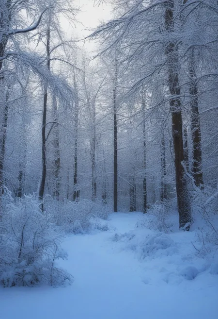 Landscape, very realistic photography, winter forest background with snow on the branches