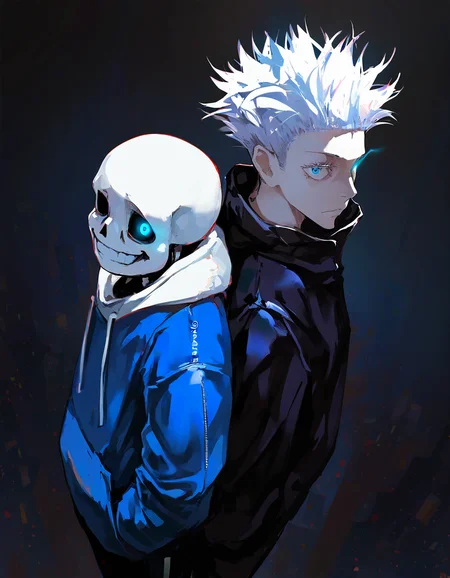 dino \(dinoartforame\), lam \(ramdayo\), torisan, blue theme
(black background, abstract background),
(masterpiece, best quality, absurdres),
2boys, male, (standing side-by-side:1.1), (duo), standing duo, upper body, ((Height Difference)), blue eyes,
sans_(undertale) is smiling, sans:blue jacket,(glowing eye, ((blue eye trail))),
(gojou satoru (jujutsu kaisen):1.16) is angry and furious, >:(, closed mouth, gojo:black jacket,
upper body, perspective, dutch angle, looking at viewer, from above, cinematic lighting, dramatic lighting