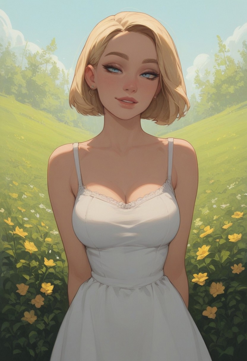 score_9, score_8_up, score_7_up, Expressive, 1girl, solo, blonde hair, bobcut, blue eyes, seductive smile, busty, sundress, high res image, masterpiece, outdoors,