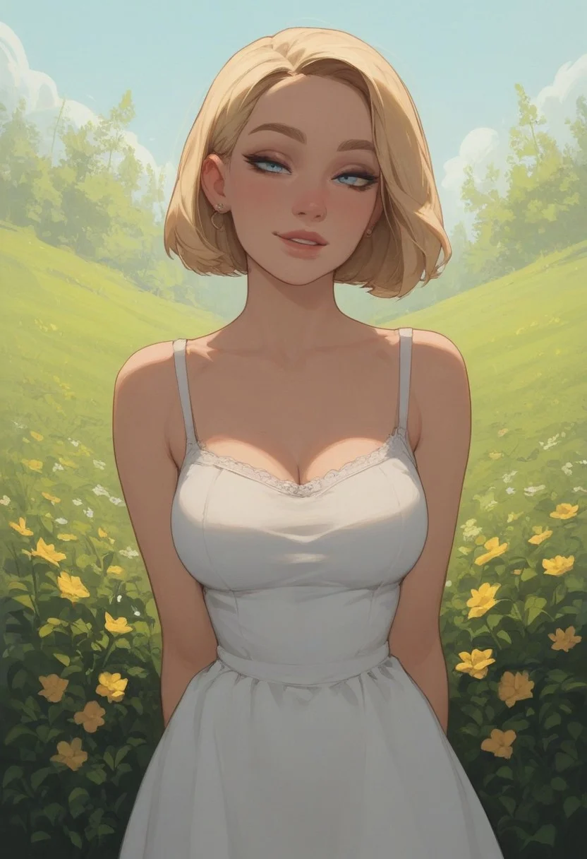 score_9, score_8_up, score_7_up, Expressive, 1girl, solo, blonde hair, bobcut, blue eyes, seductive smile, busty, sundress, high res image, masterpiece, outdoors,