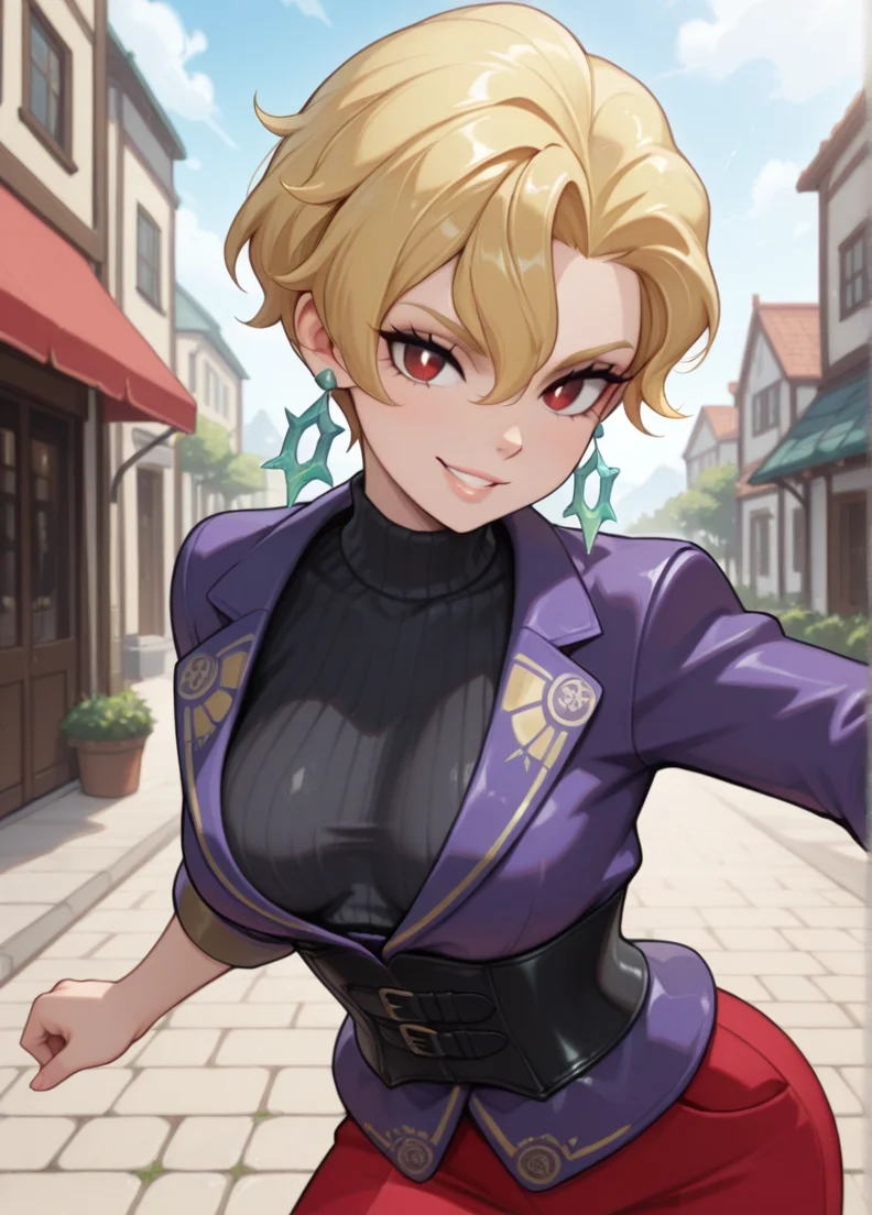 masterpiece, best quality, amazing quality, very aesthetic, absurdres, newest, 4k, 8k, outdoors, official style, looking at viewer, smile, lips, grin, dynamic pose,
briarxd, 1girl, solo, earrings, jewelry, blonde hair, red eyes, breasts, jacket, short hair, looking at viewer, red pants,medium breasts, purple jacket,hair between eyes, turtleneck sweater, black sweater, ribbed sweater, corset,
<lora:Briar_-_Pokemon_Illustrious:1>