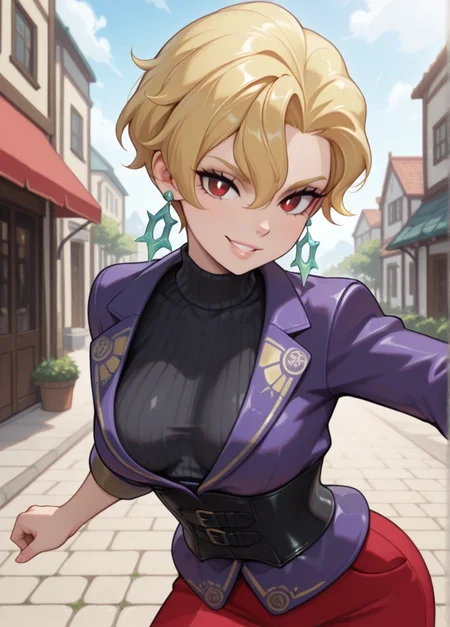 masterpiece, best quality, amazing quality, very aesthetic, absurdres, newest, 4k, 8k, outdoors, official style, looking at viewer, smile, lips, grin, dynamic pose,
briarxd, 1girl, solo, earrings, jewelry, blonde hair, red eyes, breasts, jacket, short hair, looking at viewer, red pants,medium breasts, purple jacket,hair between eyes, turtleneck sweater, black sweater, ribbed sweater, corset,
<lora:Briar_-_Pokemon_Illustrious:1>