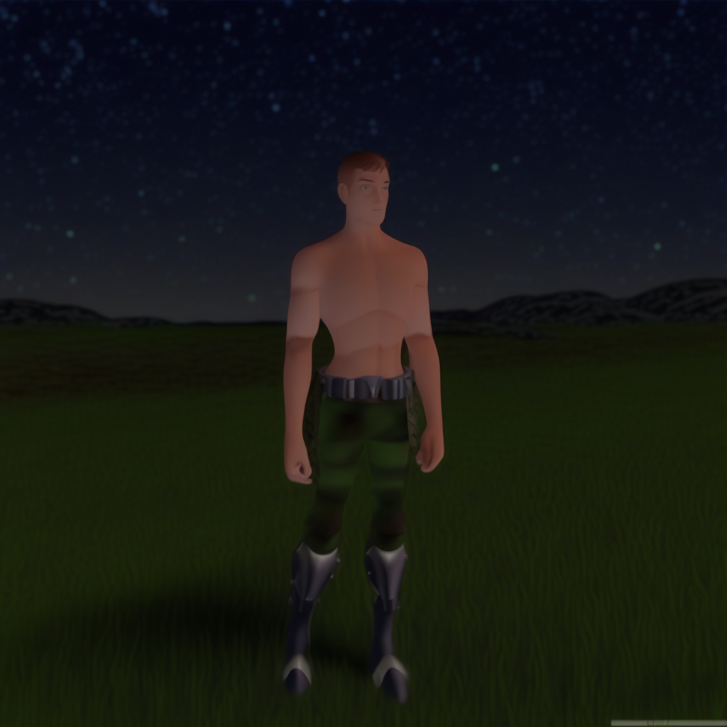 gem, smith, shirt, topless male, 1girl, grass, starry sky, armor, camouflage, landscape