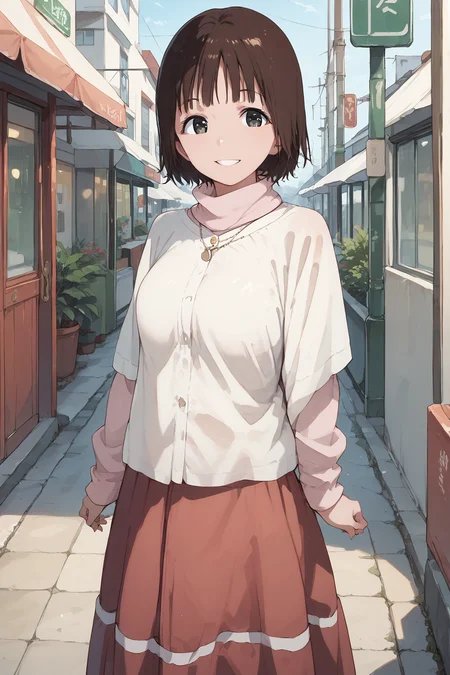 score_9, score_8_up, score_7_up, , score_ANIME, , domotochiemi, 1girl, solo, ,, cowboy shot, , smile, looking at viewer, brown hair,, long sleeves, standing, black eyes, closed mouth, long skirt, red skirt, short over long sleeves, , turtleneck sweater, gold necklace, medium breasts, <lora:domoto_chiemi_pony5:1> white shirt,