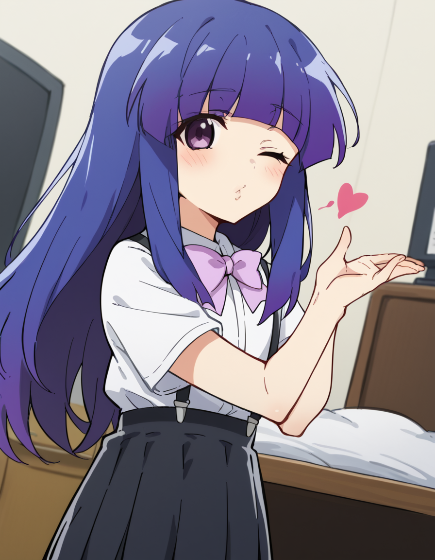 score_9, score_8_up, score_7_up, source_anime, <lora:rika-furude-s4-ponyxl-lora-nochekaiser:1>, rika furude, long hair, bangs, blue hair, purple eyes, blunt bangs, purple hair,, skirt, shirt, bow, school uniform, white shirt, short sleeves, pleated skirt, bowtie, black skirt, suspenders, pink bow, suspender skirt,, office, desks, chairs, computers, paperwork, , <lora:blowing-kiss-ponyxl-lora-nochekaiser:1>, blowing kiss, pucked lips, heart, one eye closed, o3o, hand up, bed room, bed, blush, cowboy shot, dutch angle,, looking at viewer, solo,, dutch angle, cowboy shot