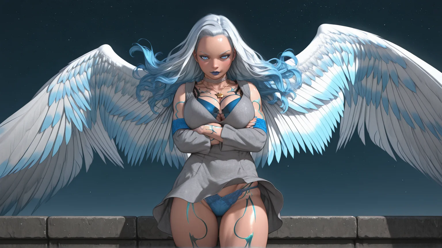 (((1girl, solo))), ((ray tracing)), full_body, large breast, cute, perfect_face, beautiful_eyes, perfect_body, soft skin, (sexy_pose, cute_pose), erotic, dynamic pose, ready to action, ((masterpiece)), vibrant colors, wallpaper, colorful, stunning, ((looking_at_viewer)), sweet thighs, expresive face, cowboy shot, shiny skin, starry_sky, outdoors, easynegative, skindentation, Sinozick_illu, gradient, spot color,
vasiy, area, angel, pointy ears, wings, muscular, two tone hair, white hair, blue hair, blue eyes, blue lipstick, tattoo, grey collar, star pendant, grey dress, blue underwear, boots, long hair, 
<lora:Vasiy-Area:1> <lora:Sinozick_style:1>
