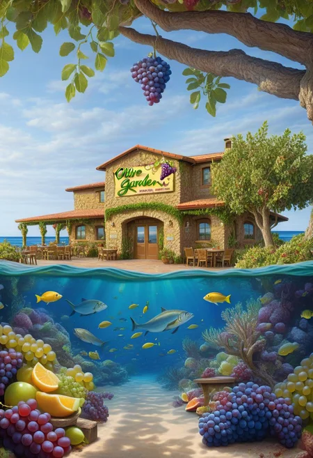 ((masterpiece, best quality)), high resolution, highly detailed, realistic,
OliveGarden, resturant under the sea, underwater, ocean, fish, fruit, tree, grapes, plant, realistic photo (sharp focus, highly detailed, 4k, 8k, best quality, masterpiece, ultra highres:1)